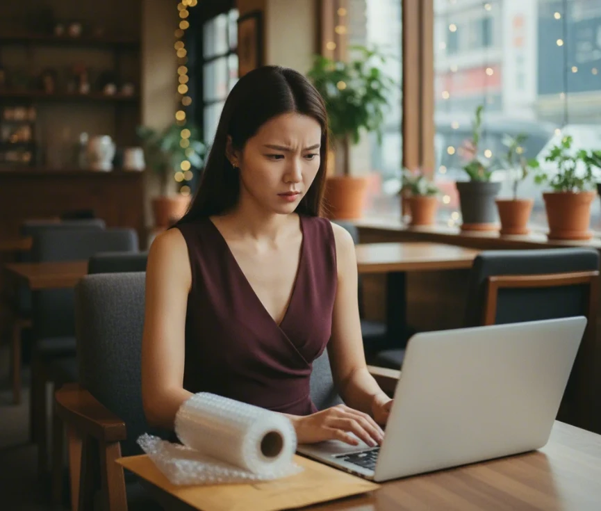 따뜻하고 아늑한 분위기의 카페에서 해외 직구 포장재 옆에 앉아 노트북을 바라보는 20대 초반 한국 여성.