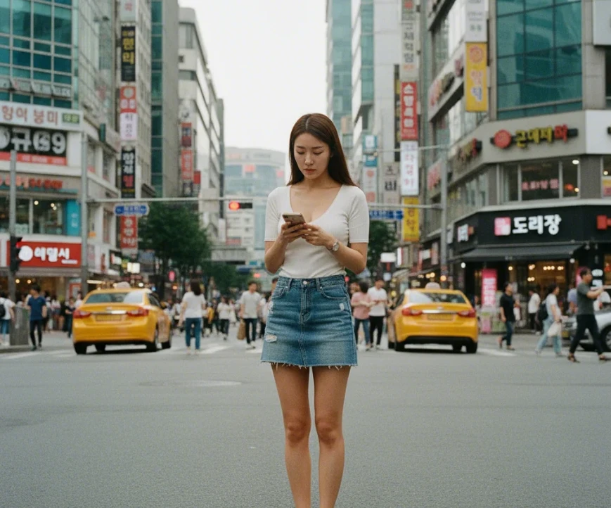 많은 사람들이 모여 있는 도심 속에서 휴대폰을 사용하는 한국 여성.