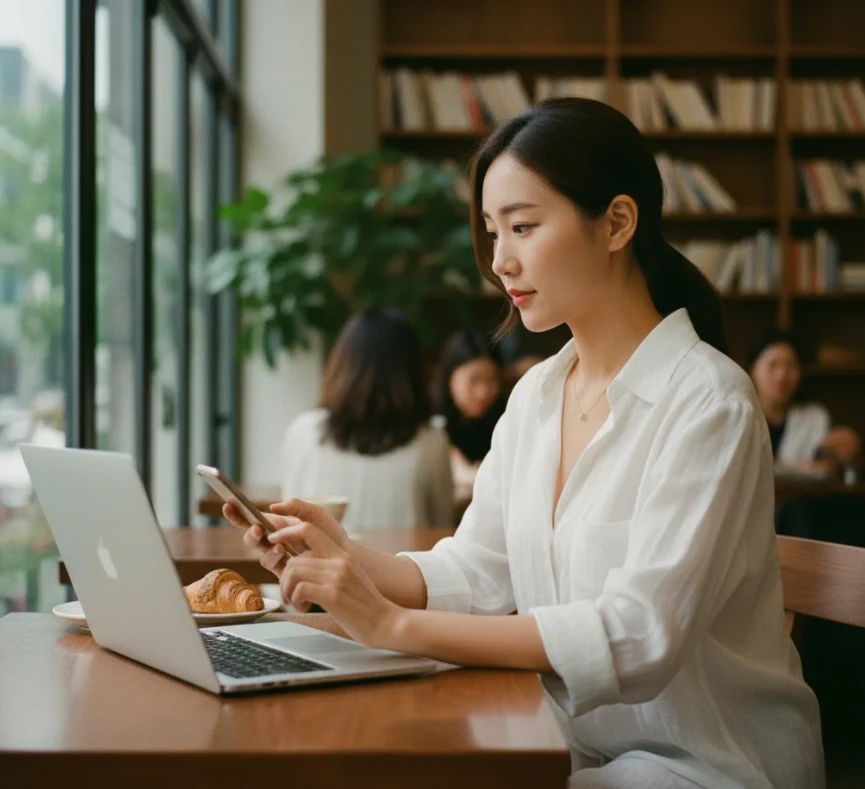 카페에서 노트북과 휴대폰으로 온라인 신청을 하는 20대 한국 여성.