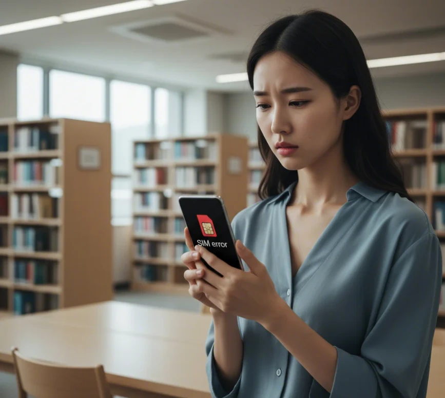 휴대폰 화면의 오류 메시지를 확인하는 한국 여성의 클로즈업 사진.