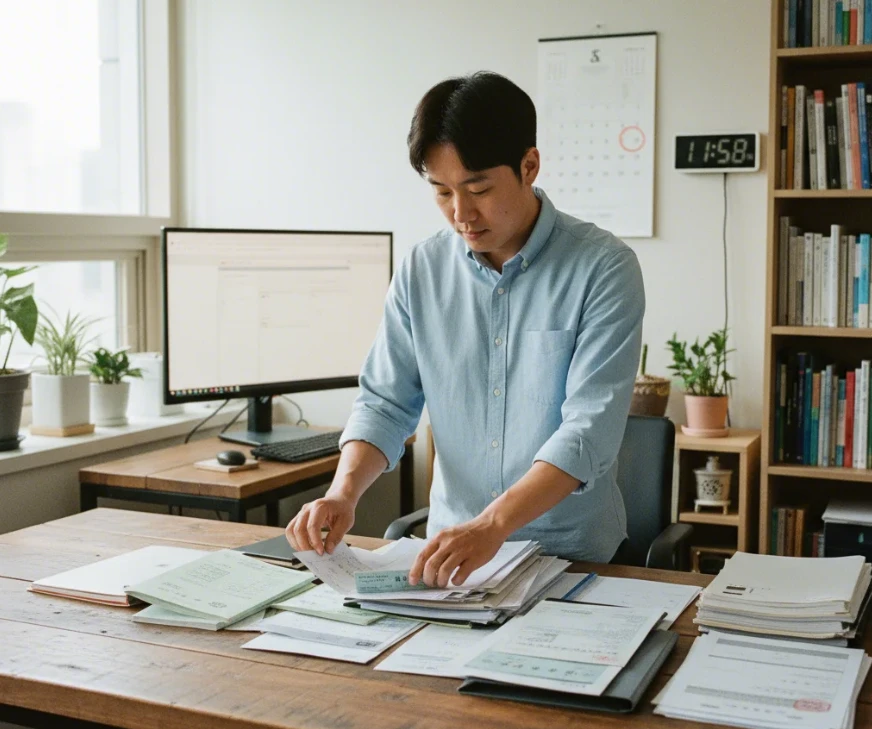 에너지바우처 신청 기간과 필수 준비 서류를 체크하는 한국 남성 에너지바우처 신청 기간과 필수 준비 서류를 체크하는 한국 남성