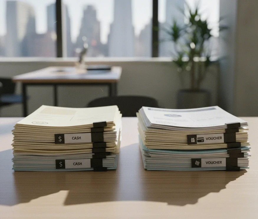 모던한 나무 책상 위에 나란히 놓인 두 묶음의 서류 뭉치. 하나는 현금 지원을, 다른 하나는 바우처 사용을 상징적으로 나타냄.