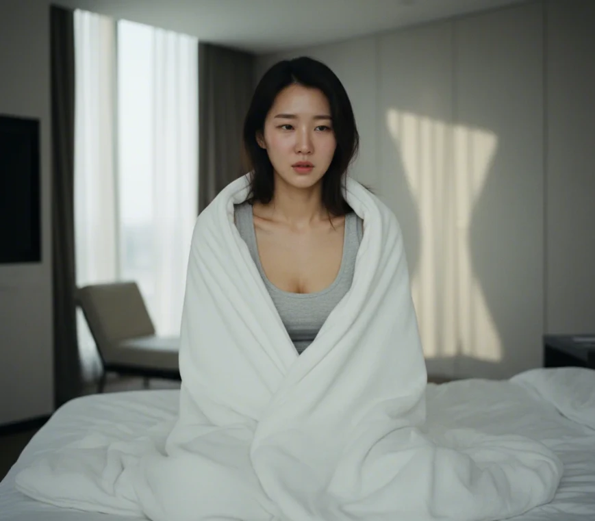 오한과 고열로 인해 담요를 덮고 웅크린 채 힘들어하는 한국 여성