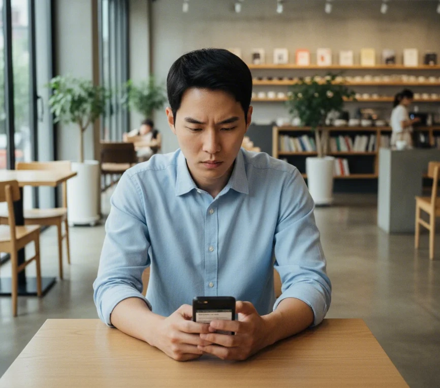 독감 증상 후 신속한 조치를 위해 스마트폰을 사용하는 한국 남성