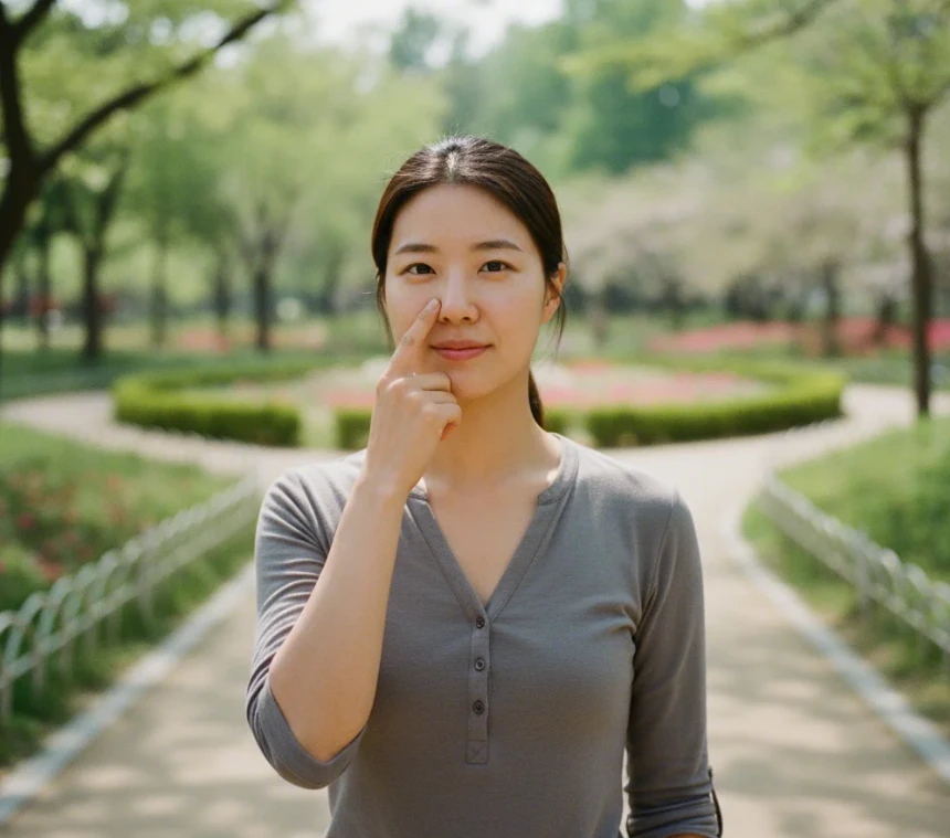 코막힘 완화를 위해 콧방울 옆 영향혈을 지압하는 한국 여성의 손