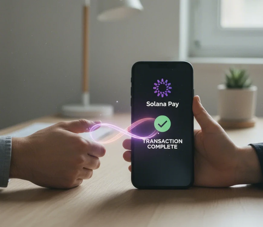 솔라나 페이 로고와 함께 즉시 정산되는 디지털 화폐의 상징적 이미지