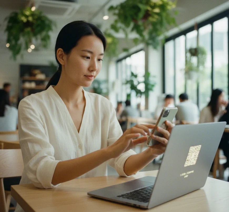 카페에서 노트북 화면의 QR 코드를 스마트폰으로 스캔하는 한국 여성