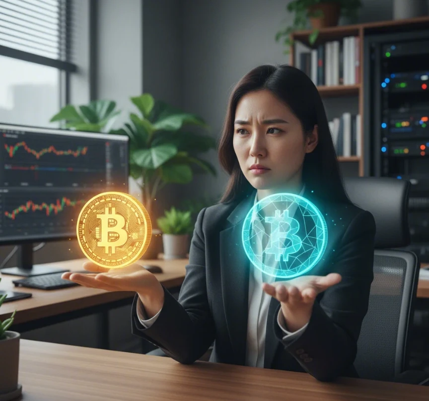두 개의 다른 디지털 코인을 비교하는 한국 여성