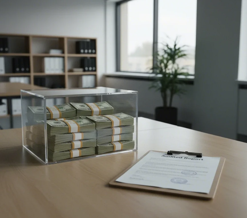유리 금고 속 달러와 감사 보고서 모습