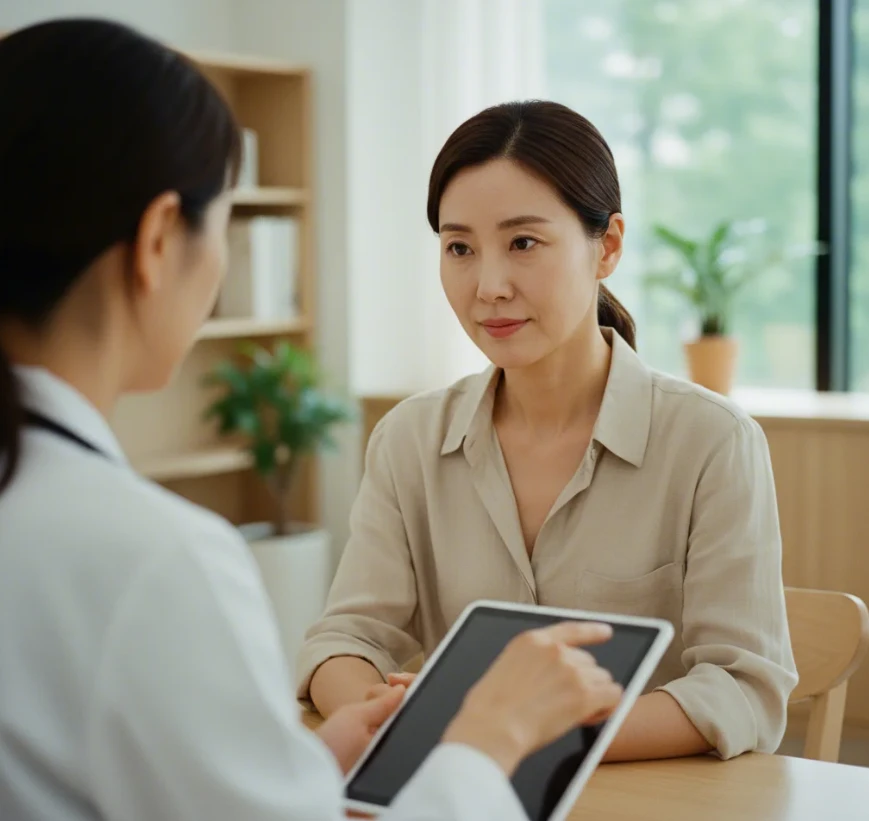 전문의와 호르몬 대체 요법의 위험성에 대해 상담하는 한국 여성
