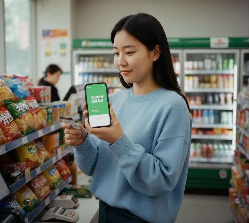 한국 여성이 결제 직후 캐시백 알림을 확인하는 모습