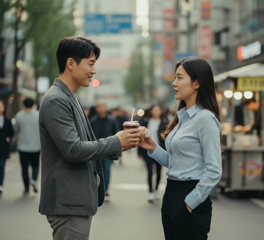 남자가 여자에게 그녀가 좋아하는 커피를 건네주는 일상적인 순간