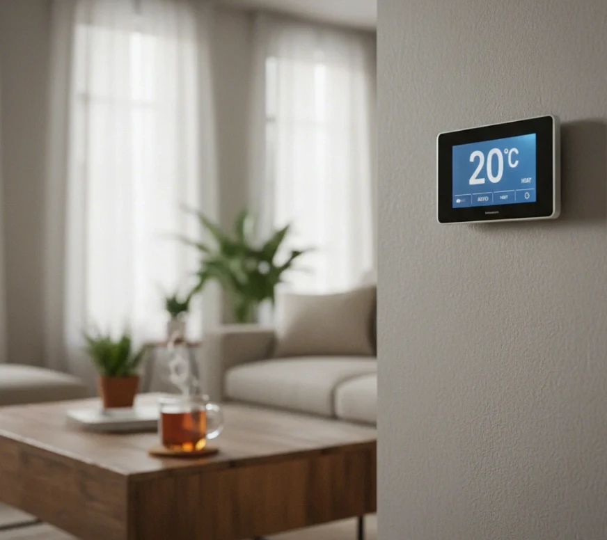 디지털 온도 조절기에 표시된 20°C 숫자와 그 앞에 놓인 따뜻한 음료 한 잔