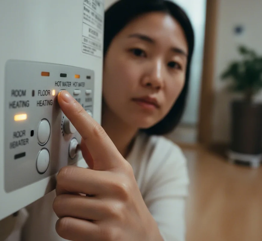 보일러의 실내 모드와 온돌 모드 버튼을 손가락으로 가리키는 손 클로즈업