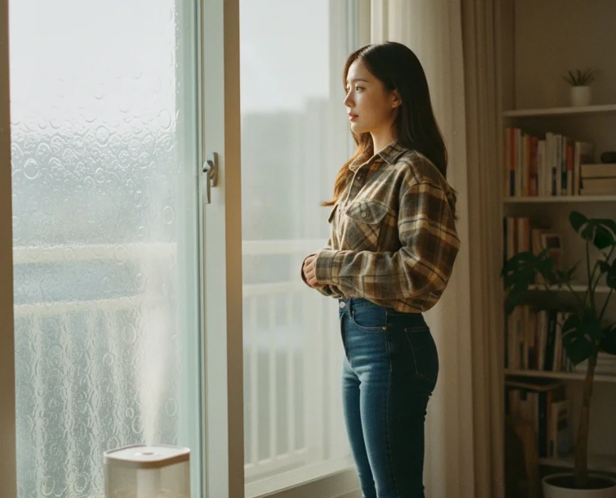 창문에 붙인 뽁뽁이와 실내 가습기를 배경으로 따뜻한 옷차림의 한국 여성