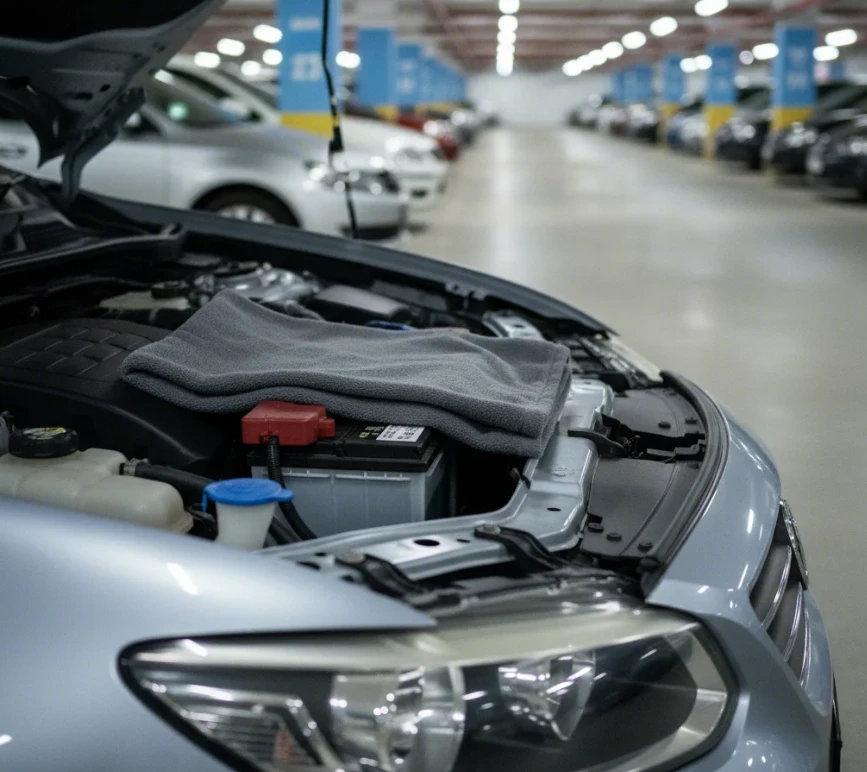 지하 주차장에 주차된 차량의 보닛 안, 배터리 위에 덮인 보온 담요