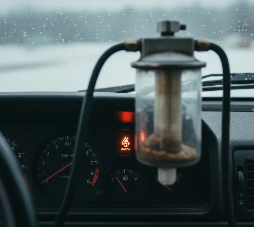 디젤 차량 계기판의 예열 표시등(돼지꼬리)과 연료 필터의 부분 클로즈업