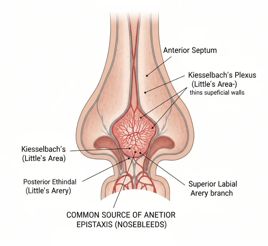 코 내부의 키셀바흐 부위(Kiesselbach's Plexus) 모세혈관 네트워크를 표시한 해부학적 다이어그램