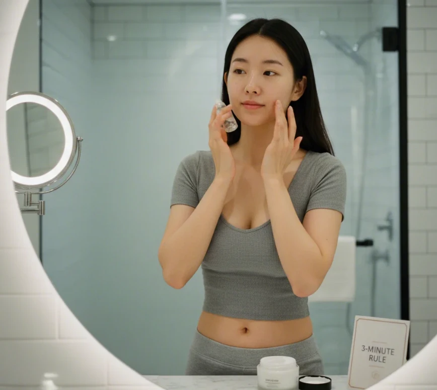 세안 후 3분 이내에 촉촉한 얼굴에 토너와 크림을 바르는 20대 한국 여성