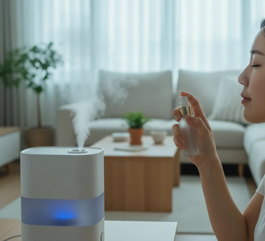 작동 중인 가습기에서 나오는 수증기와 얼굴에 미스트를 뿌리는 손