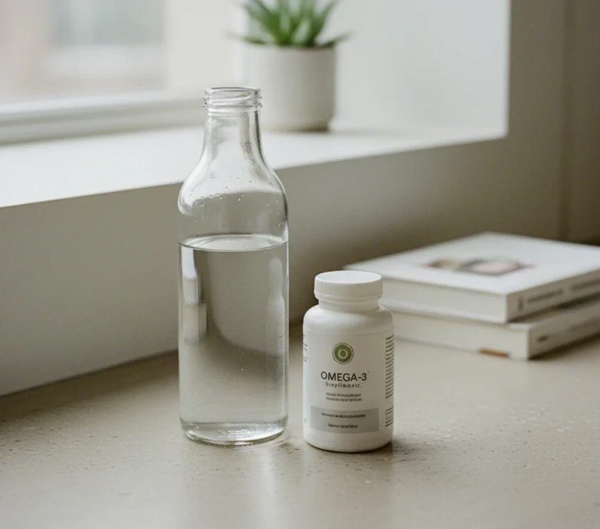 하루 권장량의 물이 담긴 물병과 오메가-3 보충제 병