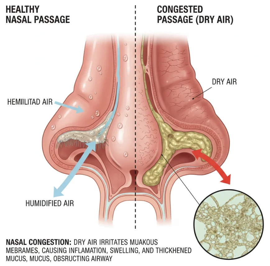 건조함으로 부어오른 코 점막과 끈적해진 점액의 해부학적 구조도