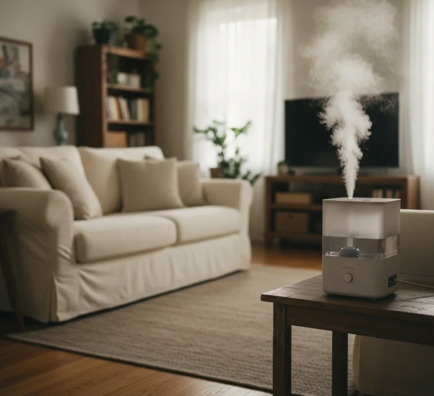 가습기와 침대 사이의 안전거리(2m)를 표시한 실내 배치도