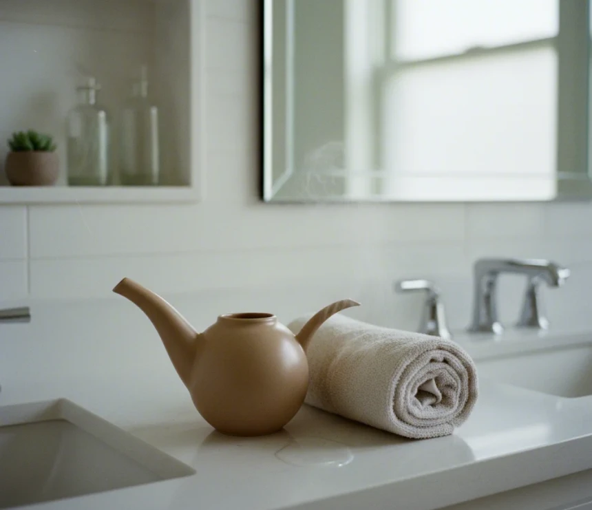 식염수 코 세척 용기(네티팟)와 따뜻한 증기 흡입을 위한 젖은 수건