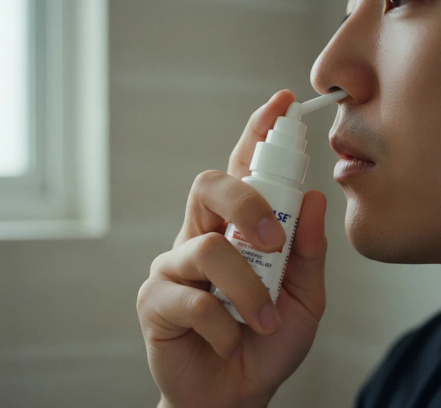 처방받은 비강 내 스테로이드 스프레이를 코에 분사하는 손의 클로즈업