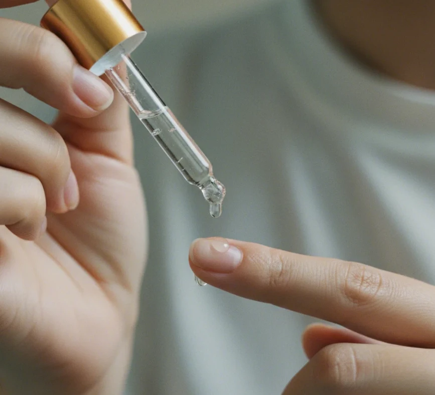 손톱 큐티클 라인에 큐티클 오일을 바르는 손의 클로즈업