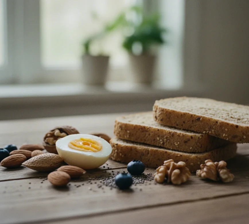 비오틴이 풍부한 삶은 달걀, 견과류, 통곡물 빵