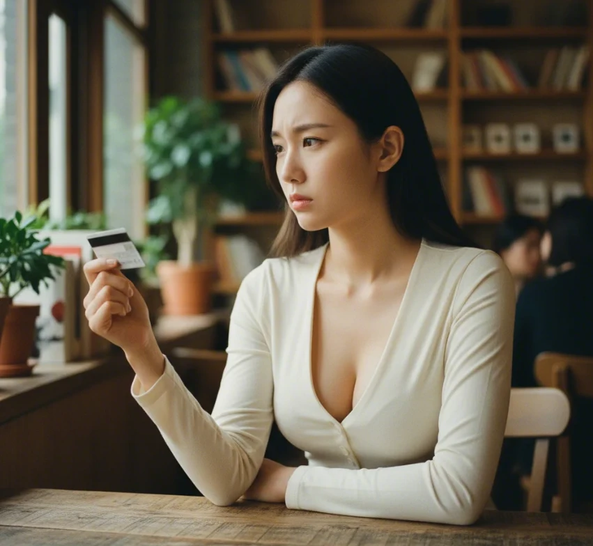여러 장의 카드를 들고 진지한 표정으로 검토하는 20대 한국 여성