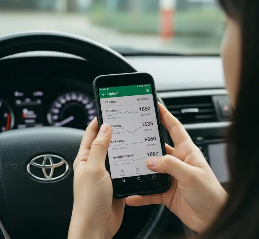 운전자가 주유소 앱으로 최저가 찾는 모습