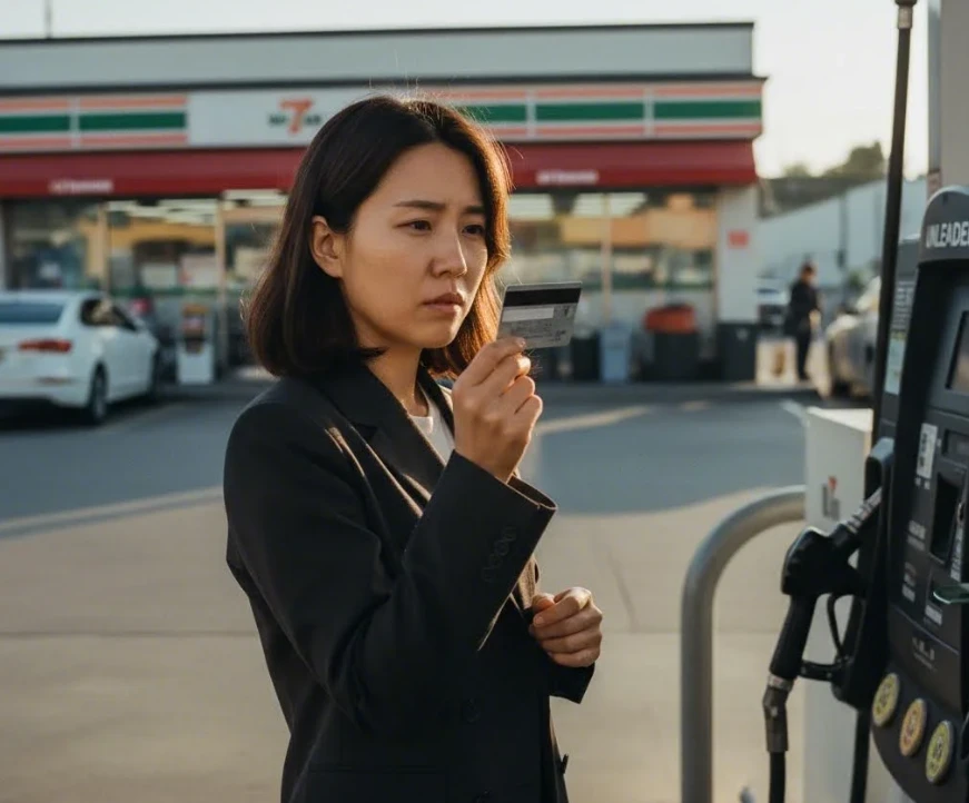 주유소에서 주유 할인 카드를 확인하는 한국 여성