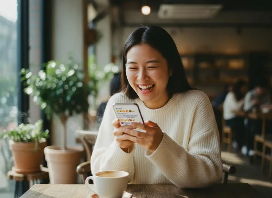 친구에게 보낼 재미있는 크리스마스 메시지를 확인하는 한국 여성