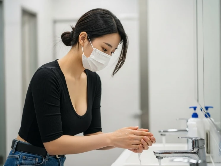 독감 백신 접종 후 2주간 마스크를 착용하고 위생에 신경 쓰는 한국 여성