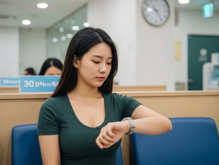 독감 백신 접종 후 30분간 병원에서 대기하는 한국 여성