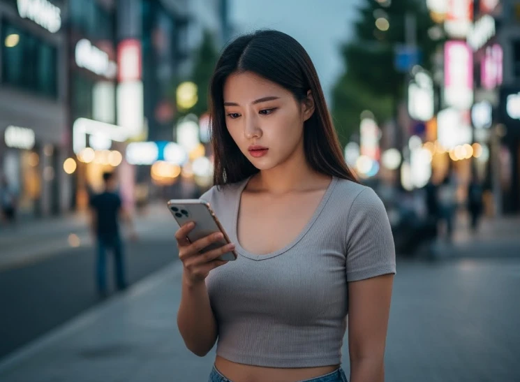 심각한 표정으로 스마트폰을 보는 한국 여성