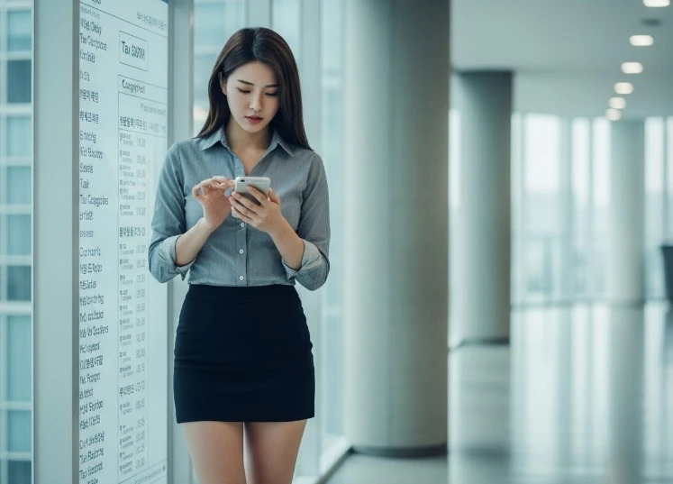 손가락으로 모바일 화면을 조작하며 자료를 조회하는 한국 여성