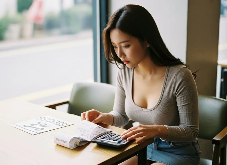 의료비 영수증과 계산기를 보는 한국 여성
