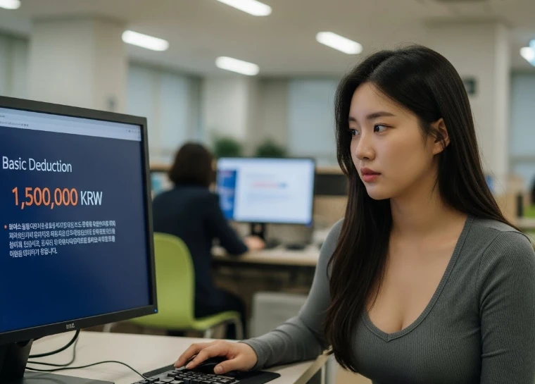 150만 원이 강조된 인적공제 서류를 보는 한국 여성