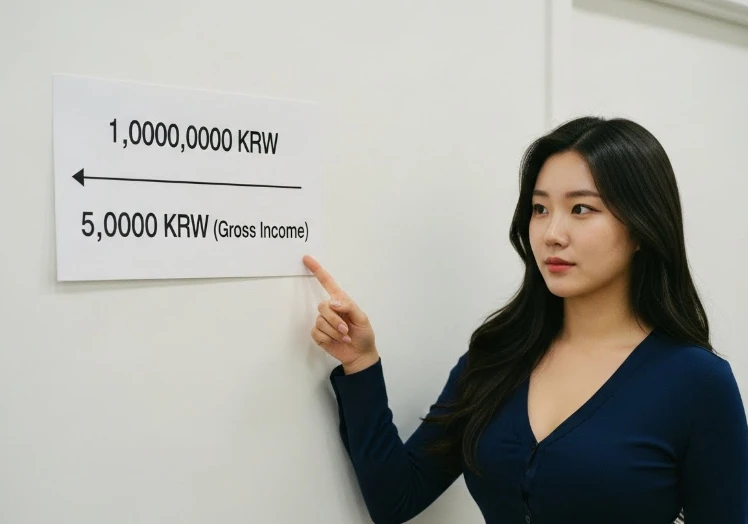 소득 금액 100만 원 기준표를 확인하는 한국 여성