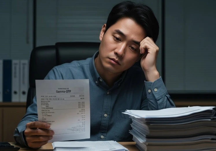 감마-GTP 수치와 피곤해 보이는 한국 남성 직장인 감마-GTP 수치와 피곤해 보이는 한국 남성 직장인