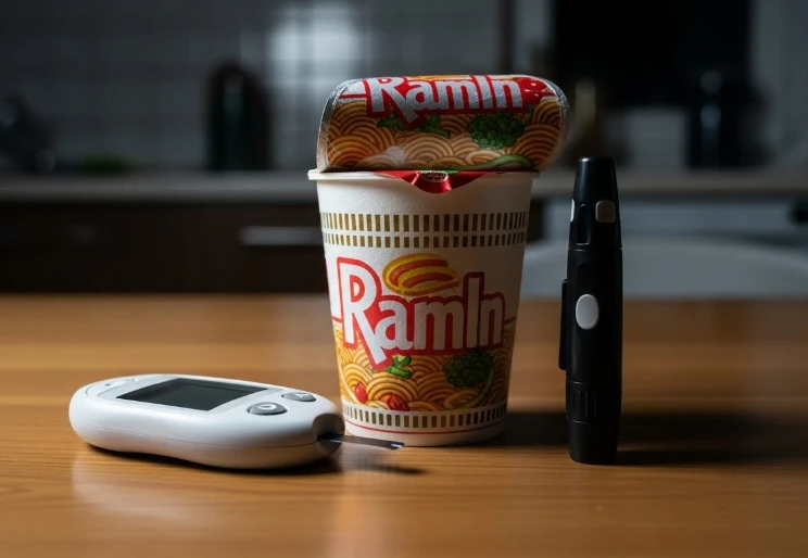 공복 혈당 검사기와 야식을 상징하는 음식 공복 혈당 검사기와 야식을 상징하는 음식