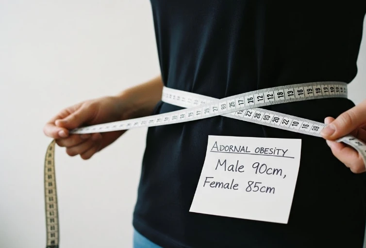 허리둘레 줄자와 대사증후군 기준이 적힌 메모 허리둘레 줄자와 대사증후군 기준이 적힌 메모