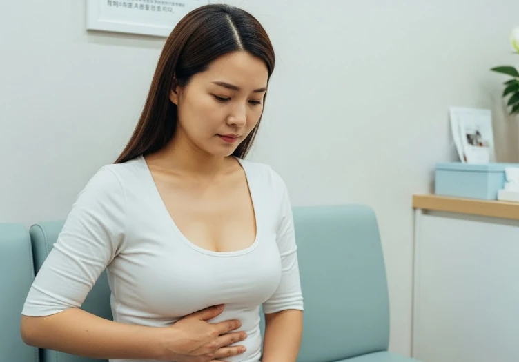 위내시경 검사를 암시하며 복부를 잡는 한국 여성 위내시경 검사를 암시하며 복부를 잡는 한국 여성