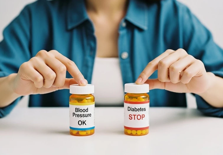 혈압약과 당뇨약을 분류하는 한국 여성의 손