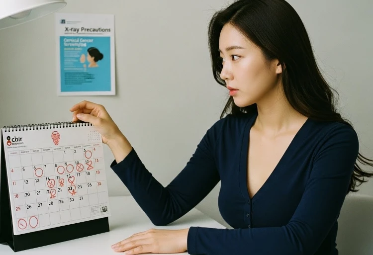 생리 주기가 표시된 달력과 검진 안내문을 보는 한국 여성