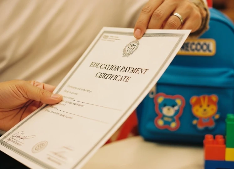 초등학교 입학 전 아동의 학원 등록증을 들고 있는 부모의 손