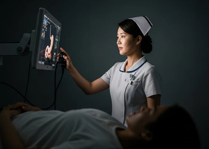 위내시경 검사를 받는 환자와 의료진